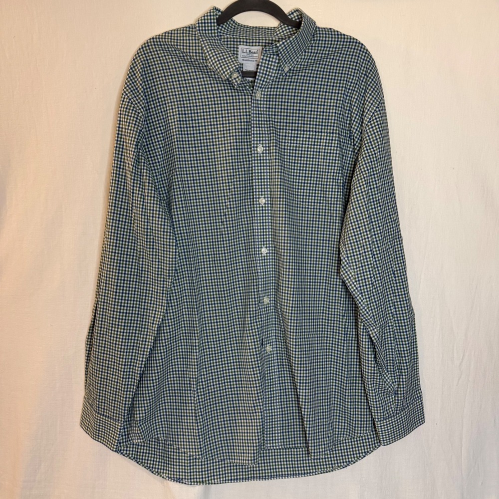 LL Bean Mens XL Traditional Fit Gingham Button Down Shirt Blue Green Plaid